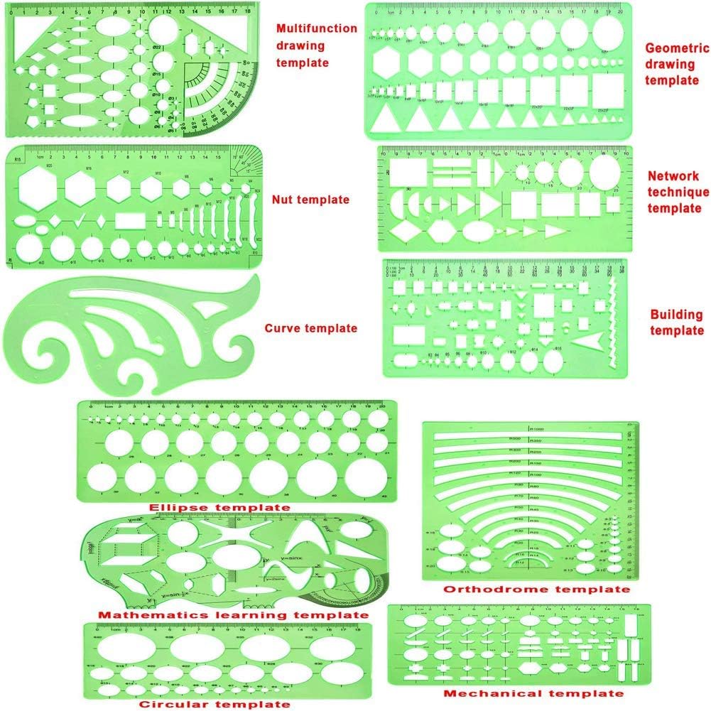 11 Piece Geometric Drawing Template Measuring Ruler, Transparent Green Plastic Ruler with Portable Plastic Bag for, for Studying, Designing and Building