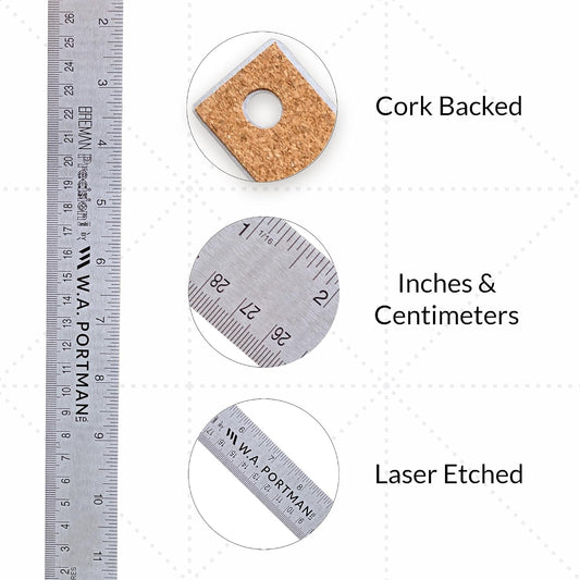 WA Portman Metal Ruler 12'', 10pc Corkback Stainless Steel, Metric Ruler