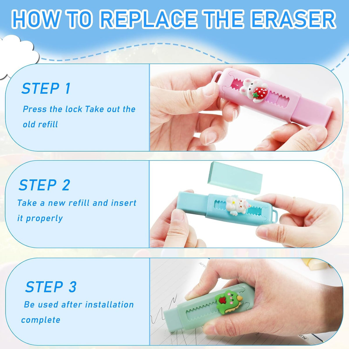 24 Pcs Cute Retractable Eraser for Pencils | Kawaii School Supplies Erasers| Back to Schools Essentials|Cute Erasers Supplies| Perfect Back to School Gifts