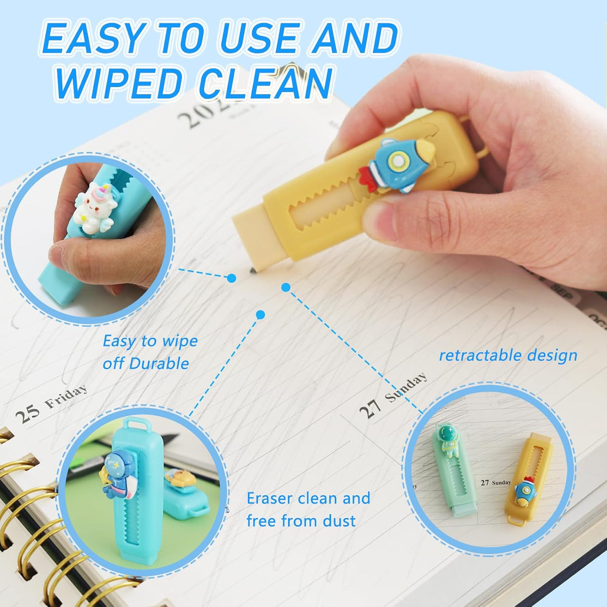 24 Pcs Cute Retractable Eraser for Pencils | Kawaii School Supplies Erasers| Back to Schools Essentials|Cute Erasers Supplies| Perfect Back to School Gifts