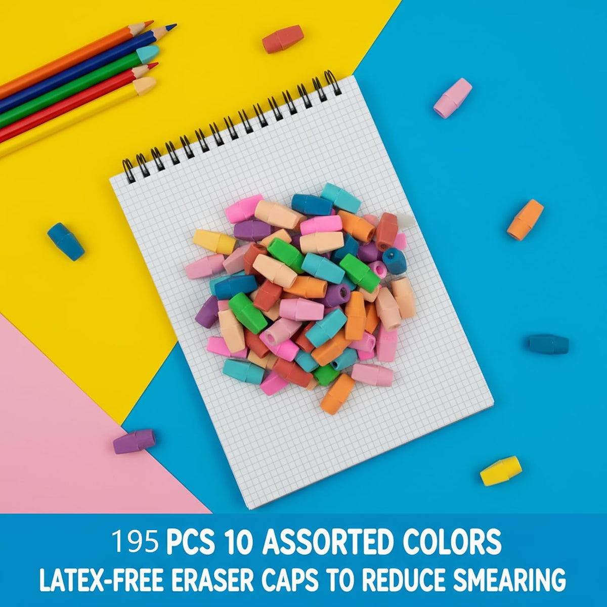 195 Pencil Top Erasers, Latex-Free Chisel Tips, 10 Colors with Storage Box