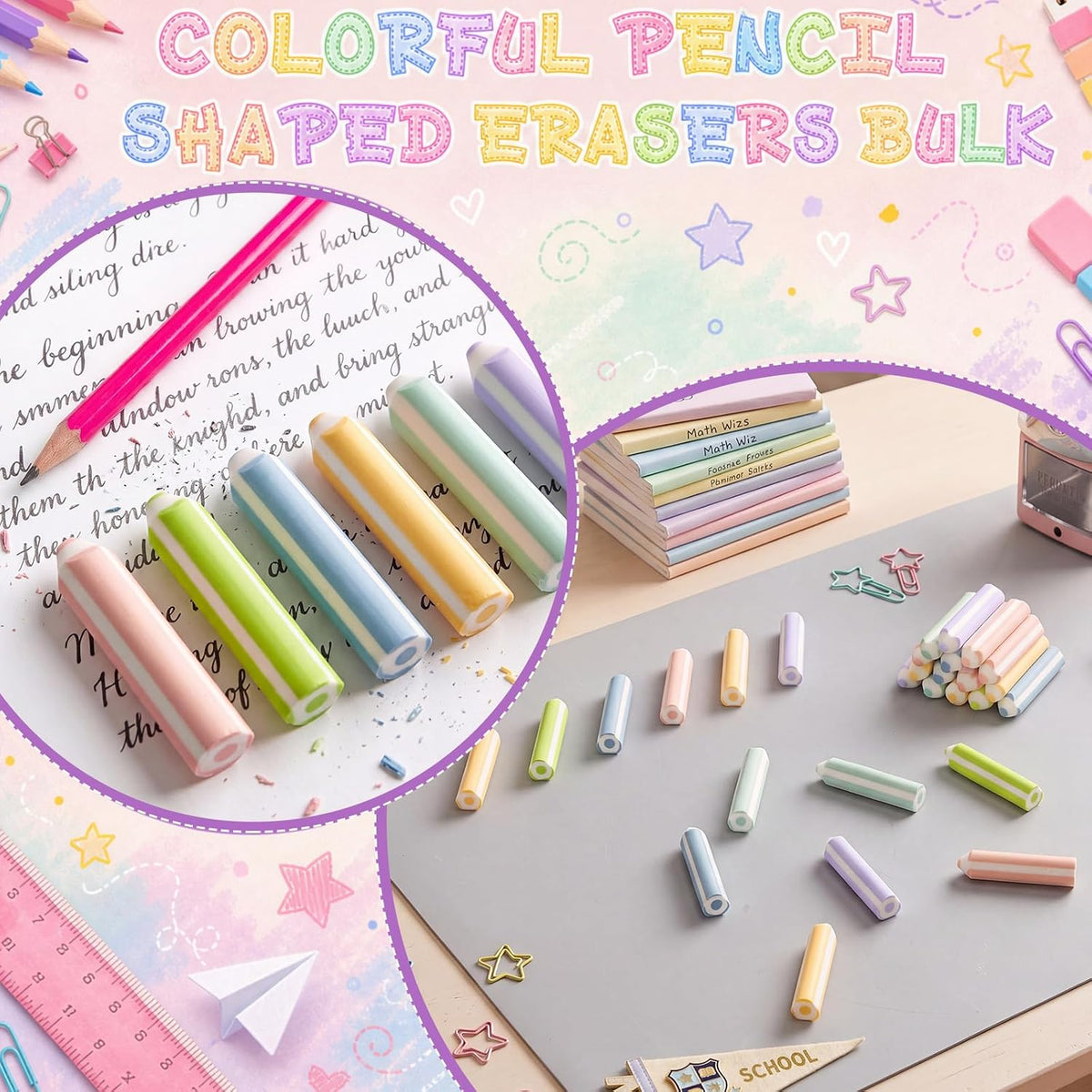 60 Pcs Pencil Shaped Erasers Bulk Classroom Back to School Gifts Colors Cute Pencil Erasers for Kids First Day of School Rewards Classroom Game Prizes Birthday Party Favors Supplies