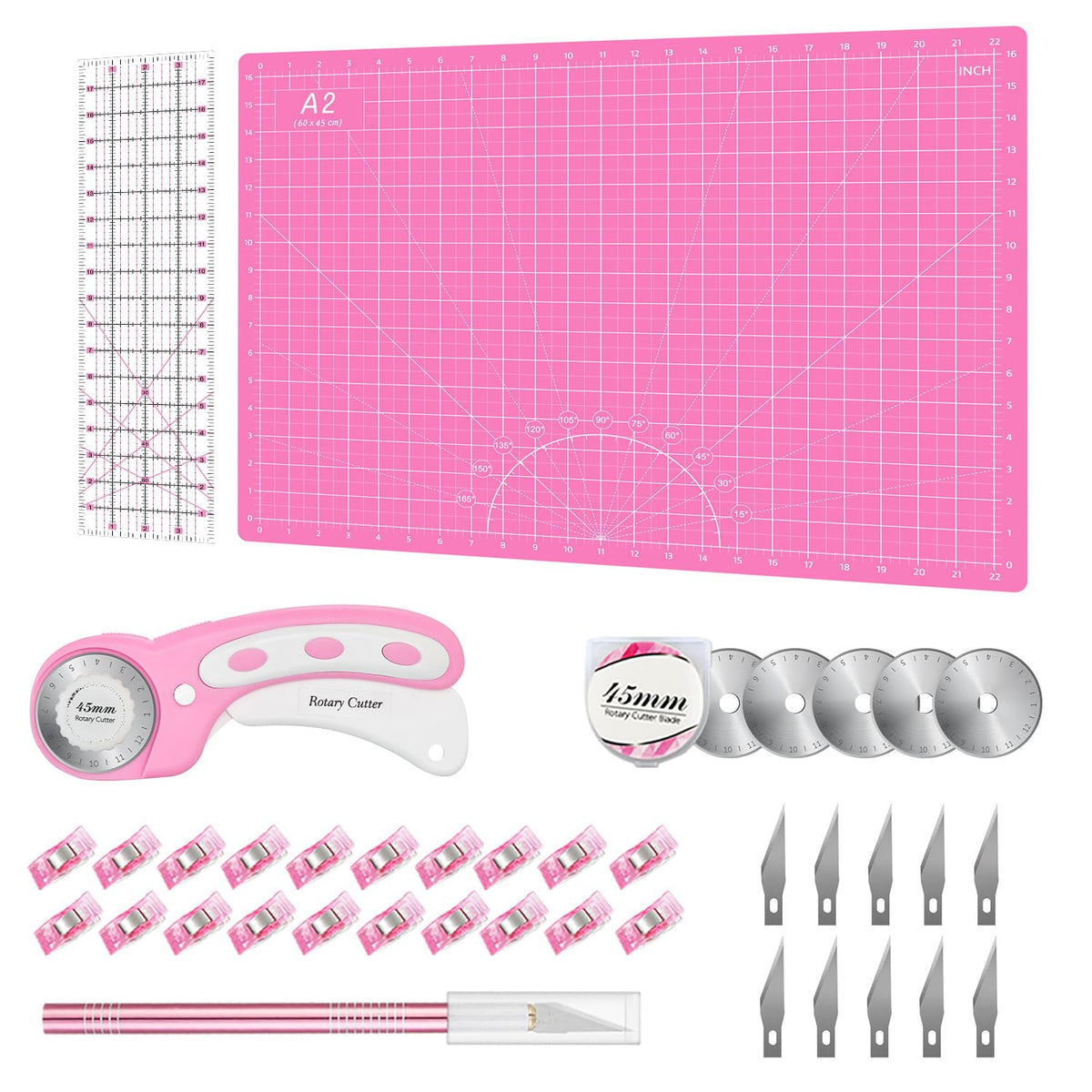 Headley Tools Rotary Cutter Set - 45mm Fabric Cutter, 5 Extra Rotary Blades, A3 Cutting Mat, Quilting Ruler and Sewing Clips, Craft Knife Set, Ideal for Crafting, Sewing, Patchworking, Purple