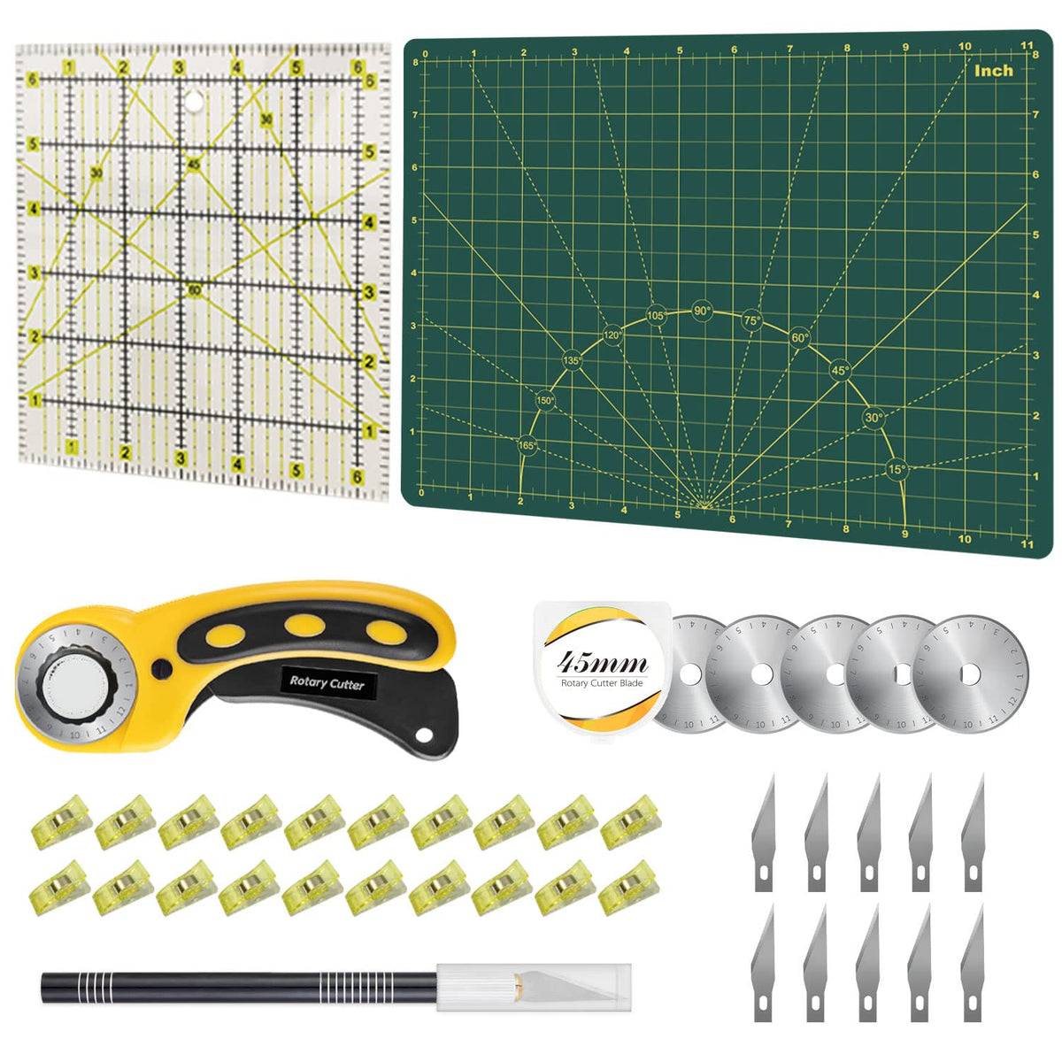 Headley Tools Rotary Cutter Set - 45mm Fabric Cutter, 5 Extra Rotary Blades, A3 Cutting Mat, Quilting Ruler and Sewing Clips, Craft Knife Set, Ideal for Crafting, Sewing, Patchworking, Purple