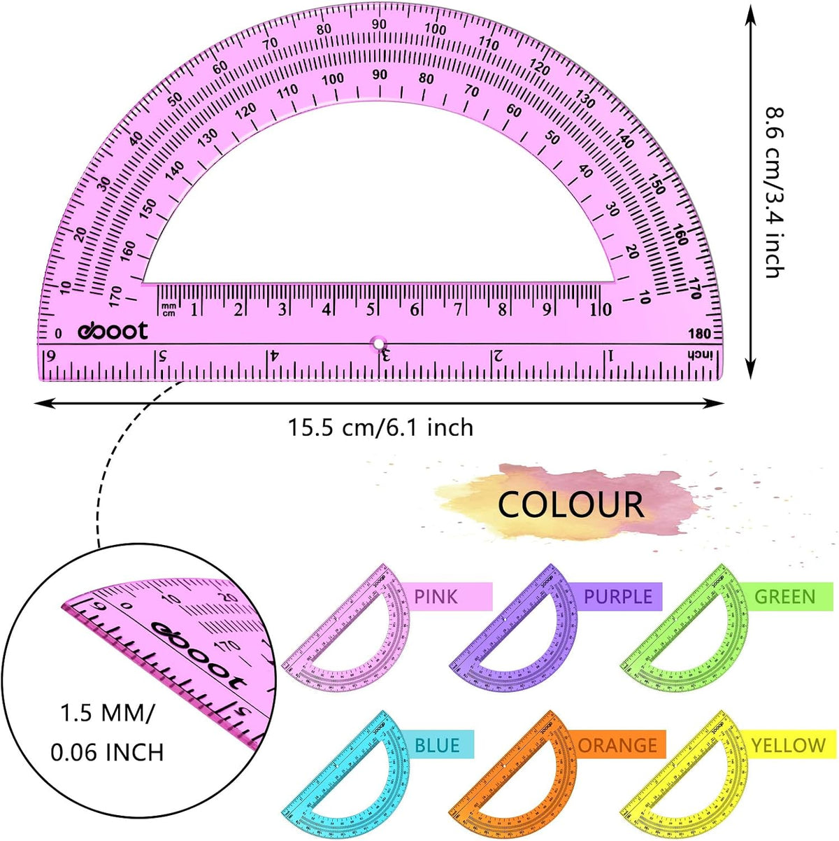 EBOOT 24 Pack Plastic Protractors Math Protractor 180 Degrees 6 Inch(Multi Colors)