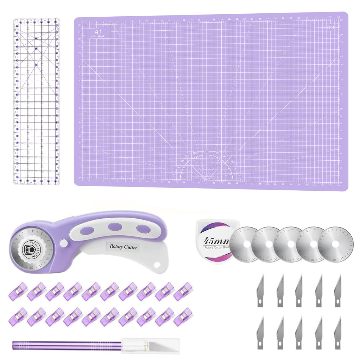 Headley Tools Rotary Cutter Set - 45mm Fabric Cutter, 5 Extra Rotary Blades, A3 Cutting Mat, Quilting Ruler and Sewing Clips, Craft Knife Set, Ideal for Crafting, Sewing, Patchworking, Purple
