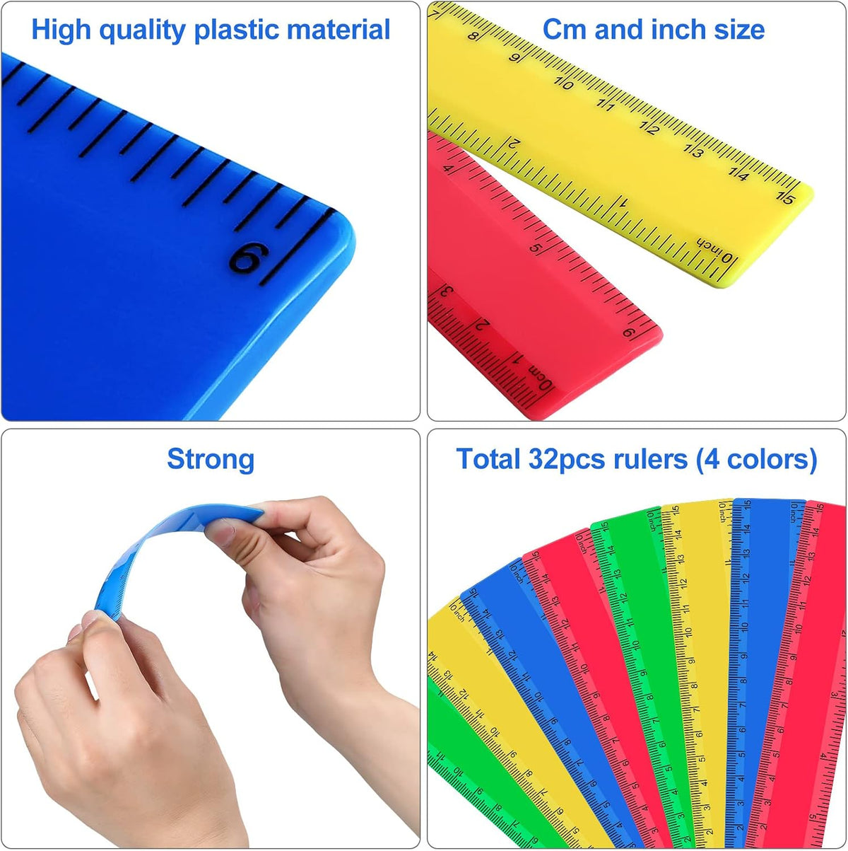 32 Pcs 6 Inch Small Rulers Bulk Plastic Mini Ruler for Kid Classroom School
