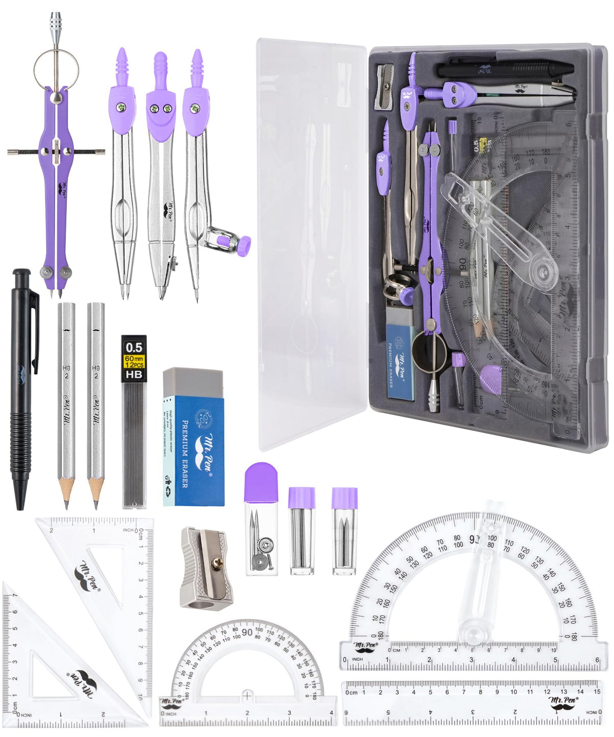 Mr. Pen- Geometry Set, 15 pcs, Navy Blue, 6 Inch Swing Arm Protractor