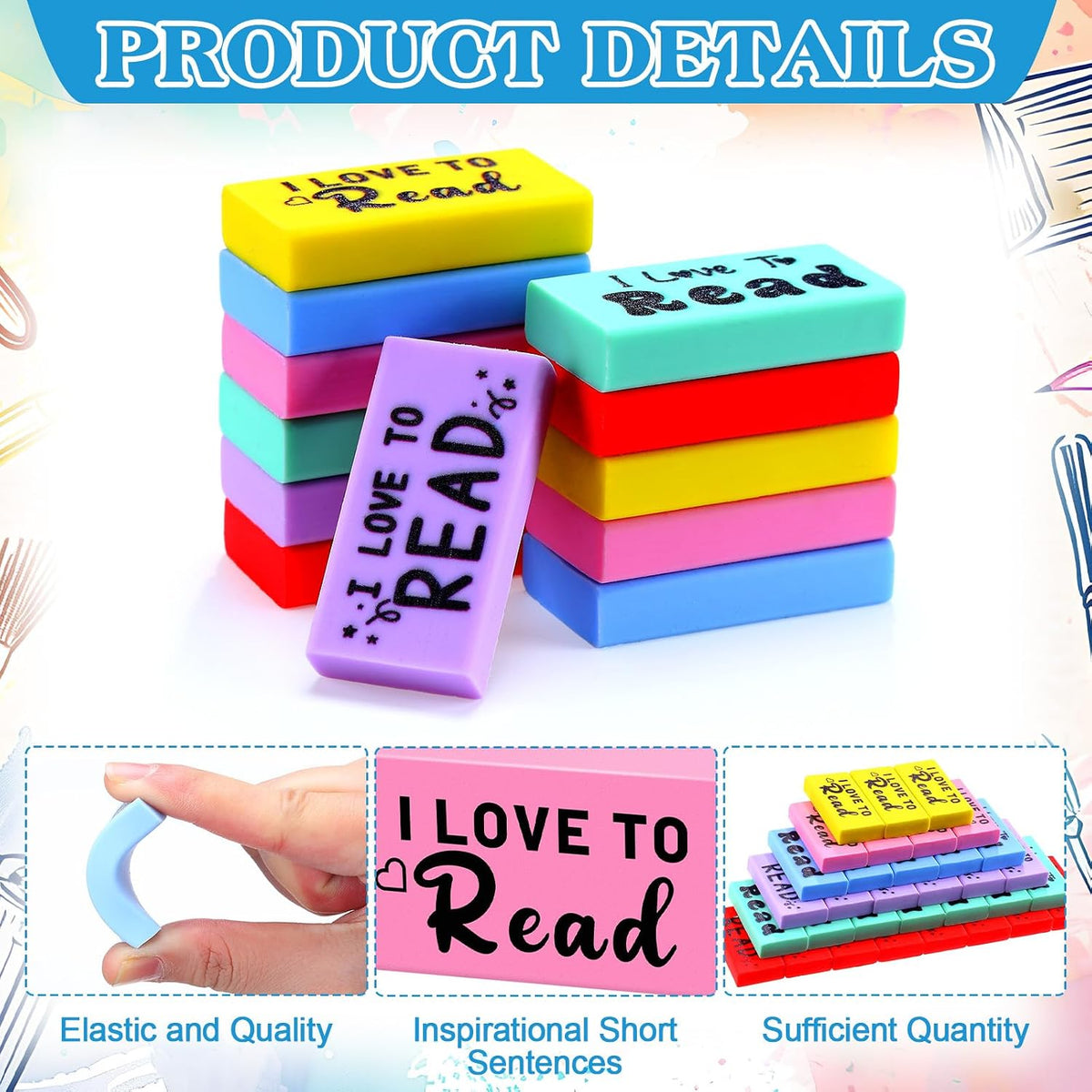 Dunzoom 300 Pcs Inspirational Erasers for Kids Back to School Gifts I Love to Read Small Colorful Pencil Erasers for Students Classroom Cute Motivational Gift for Drawing School Office Supplies