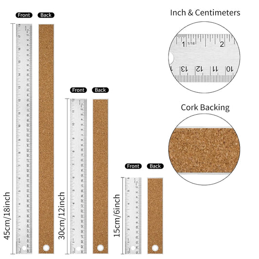 6+12+18 inch Metal Ruler with Cork Backing, Imperial & Metric Markings
