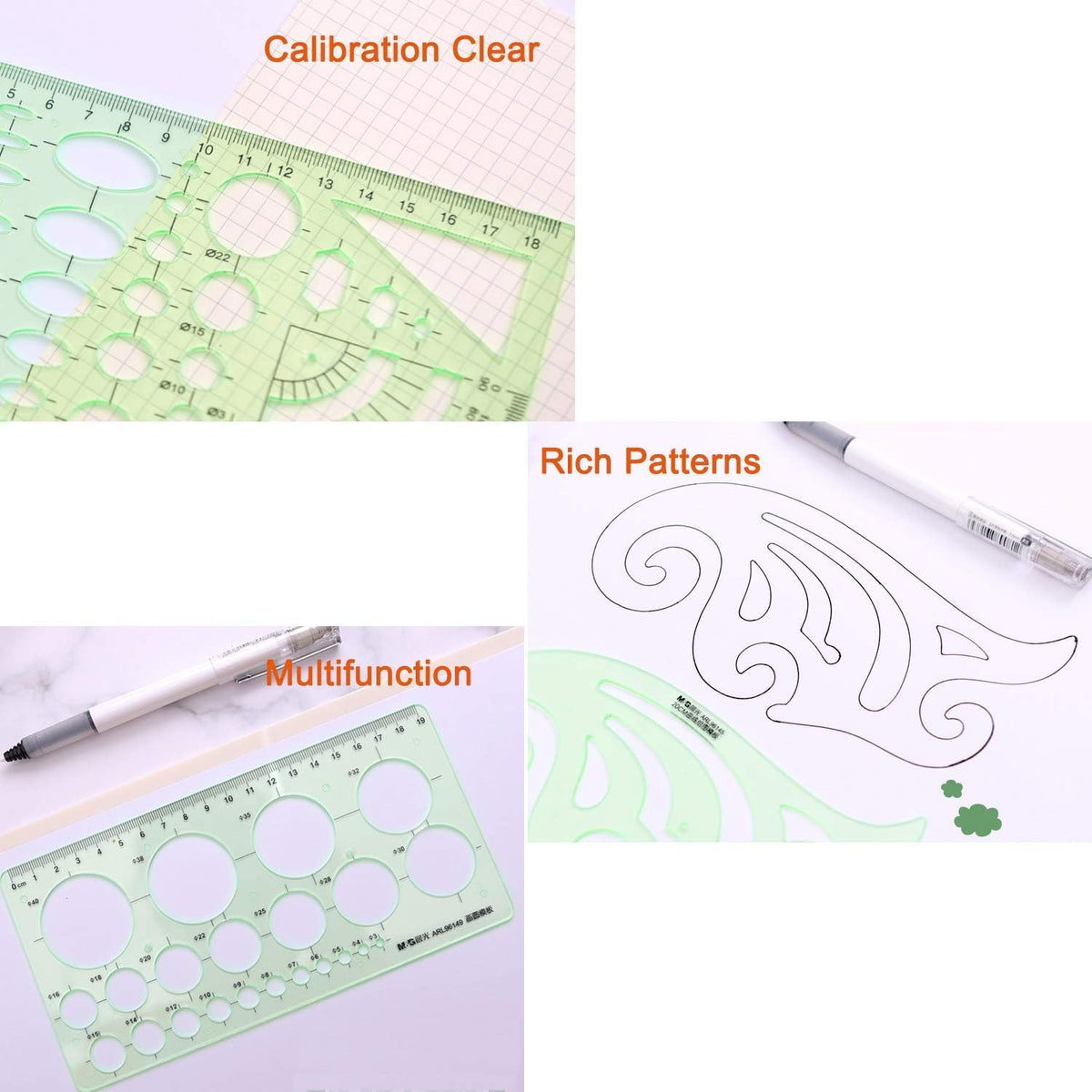 11 Piece Geometric Drawing Template Measuring Ruler, Transparent Green Plastic Ruler with Portable Plastic Bag for, for Studying, Designing and Building