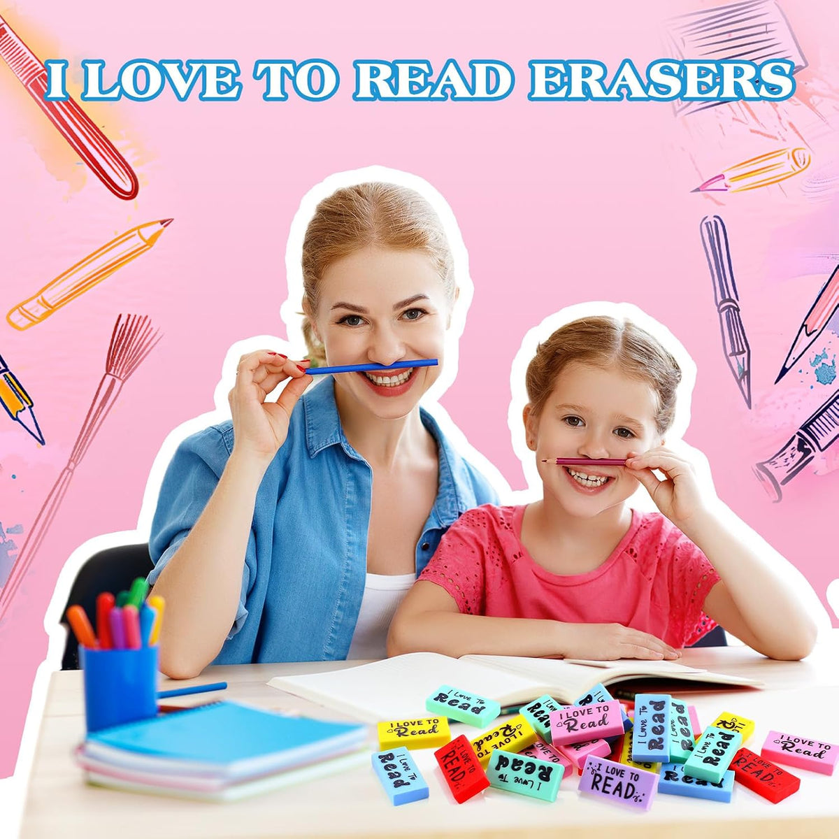 Dunzoom 300 Pcs Inspirational Erasers for Kids Back to School Gifts I Love to Read Small Colorful Pencil Erasers for Students Classroom Cute Motivational Gift for Drawing School Office Supplies