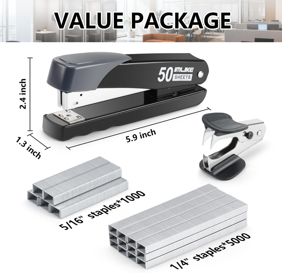 Heavy Duty Stapler, IMLIKE 50 Sheet Full Strip Stapler, Anti-Jam Non-Slip with 5000pcs 26/6 Staples and 1000pcs 23/8 Staples, Staple Remover, for Home, Office, and Classroom, Black