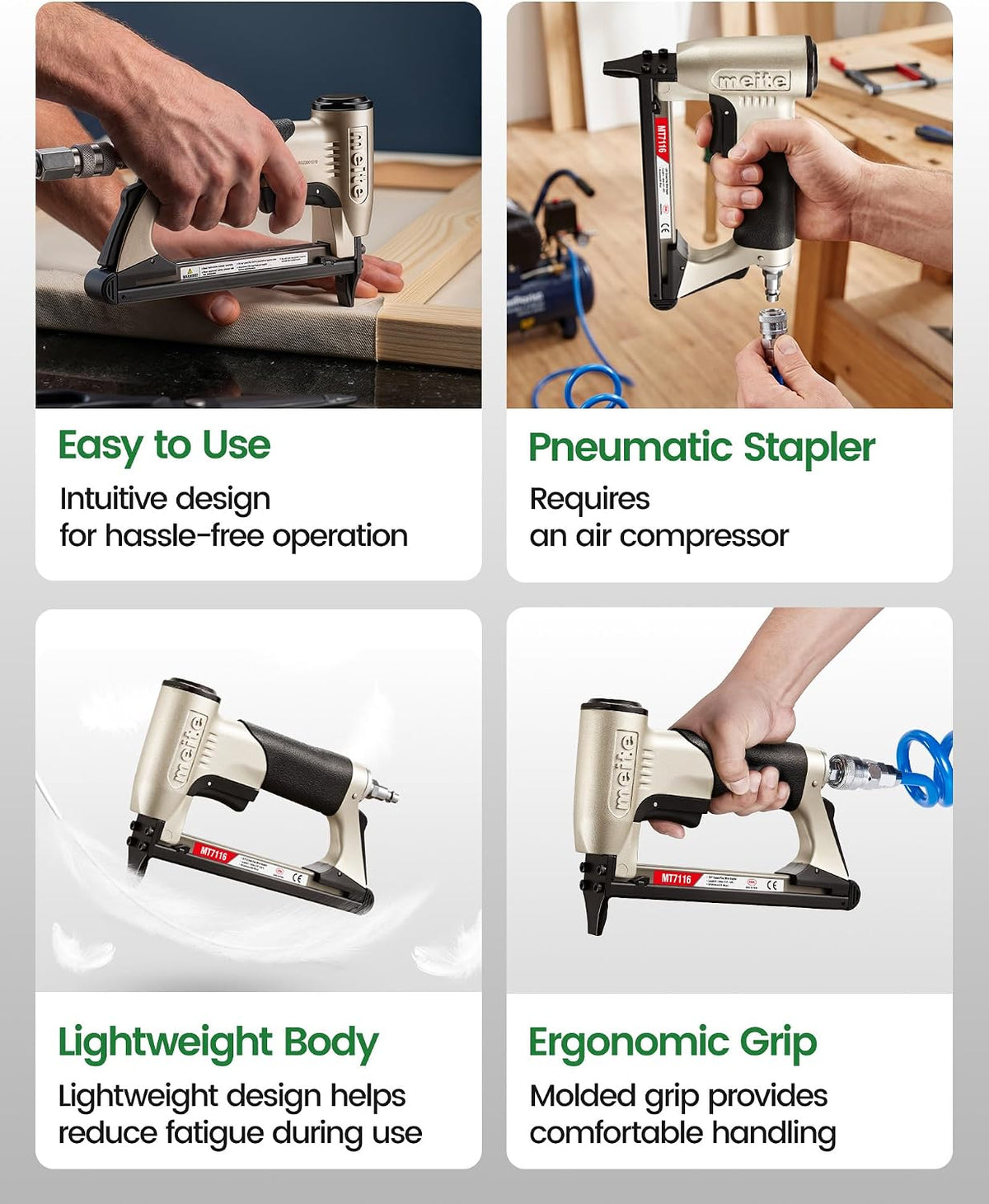 meite MT7116 Pneumatic Staple Gun, 22 Gauge 71 Series 3/8-Inch Crown 1/4-Inch to 5/8-Inch Length Air Upholstery Stapler Gun