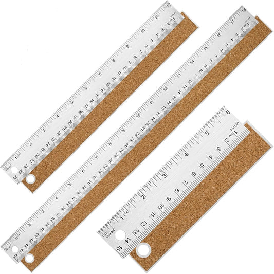 6+12+18 inch Metal Ruler with Cork Backing, Imperial & Metric Markings