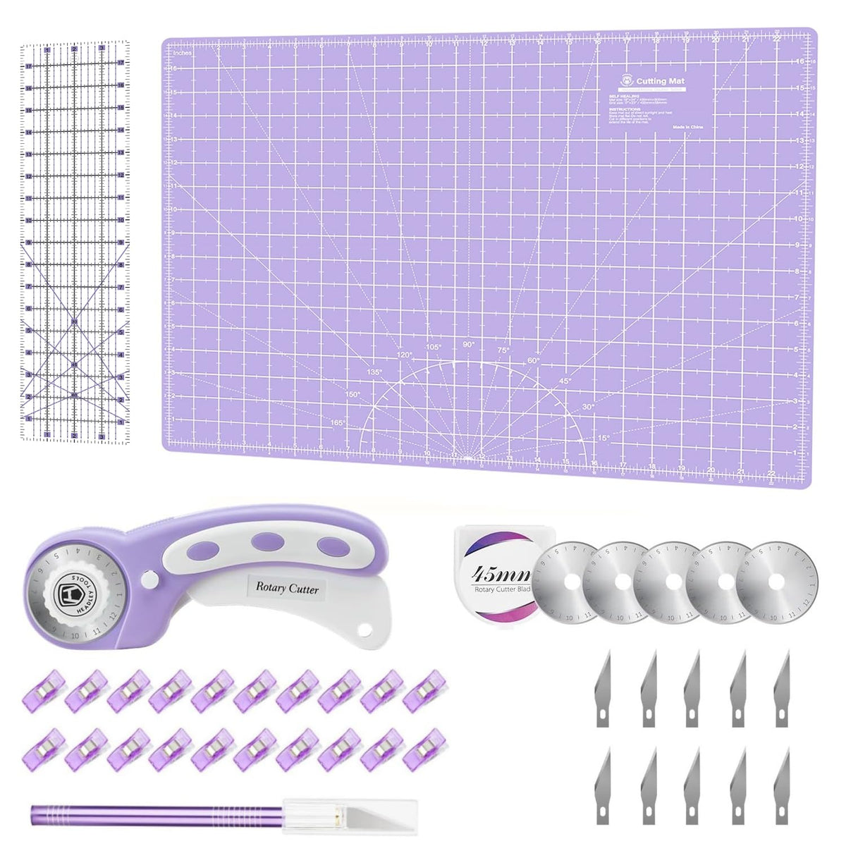 Headley Tools Rotary Cutter Set - 45mm Fabric Cutter, 5 Extra Rotary Blades, A3 Cutting Mat, Quilting Ruler and Sewing Clips, Craft Knife Set, Ideal for Crafting, Sewing, Patchworking, Purple