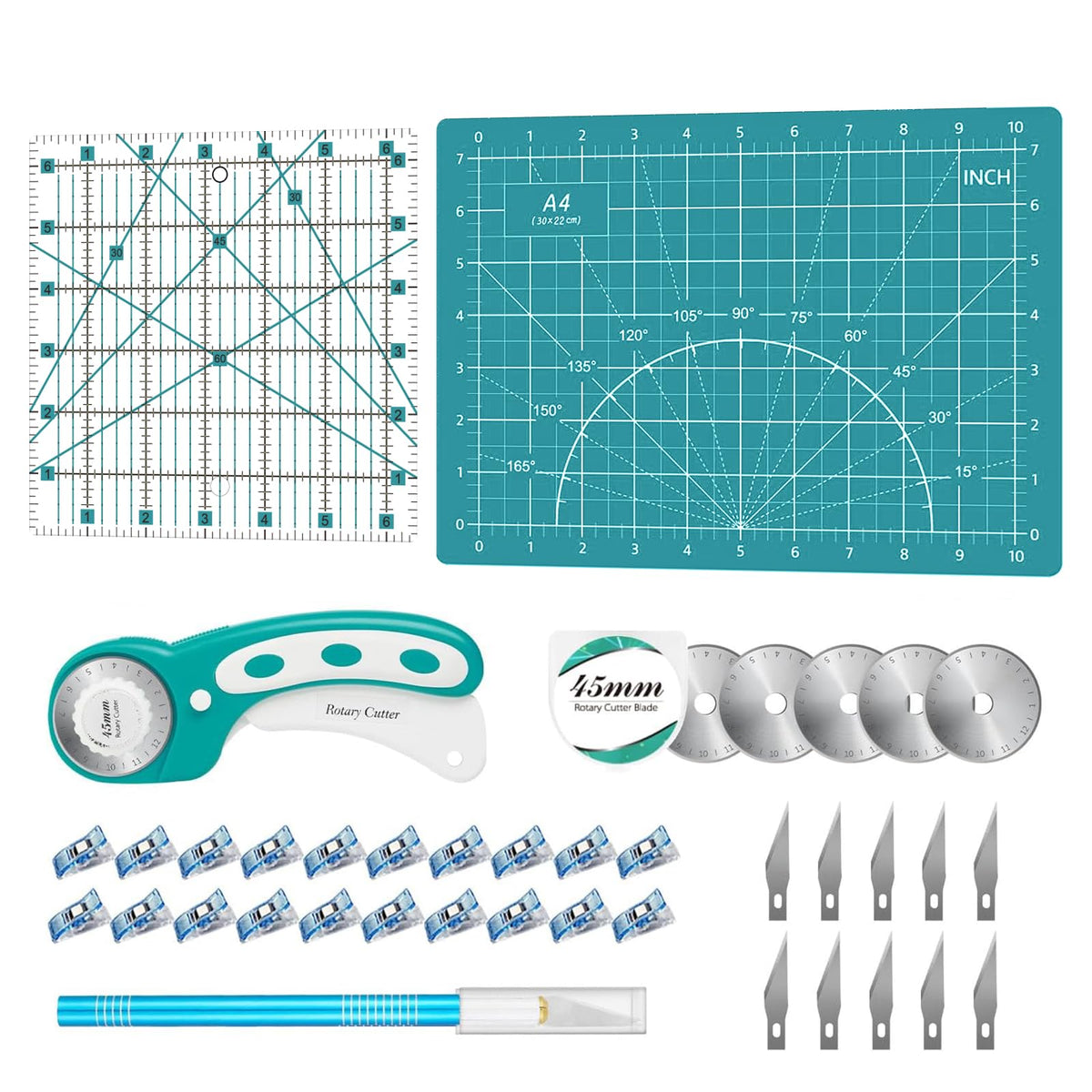 Headley Tools Rotary Cutter Set - 45mm Fabric Cutter, 5 Extra Rotary Blades, A3 Cutting Mat, Quilting Ruler and Sewing Clips, Craft Knife Set, Ideal for Crafting, Sewing, Patchworking, Purple