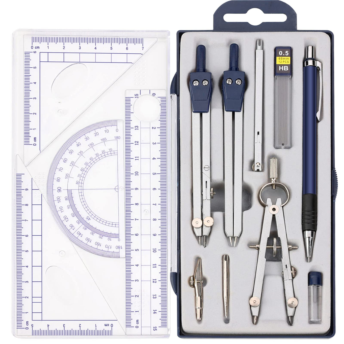 13 Pcs Compass and Protractors Set Math Compass Geometry Tools with Box