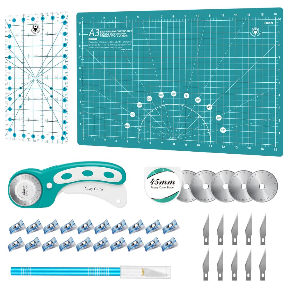 Headley Tools Rotary Cutter Set - 45mm Fabric Cutter, 5 Extra Rotary Blades, A3 Cutting Mat, Quilting Ruler and Sewing Clips, Craft Knife Set, Ideal for Crafting, Sewing, Patchworking, Purple