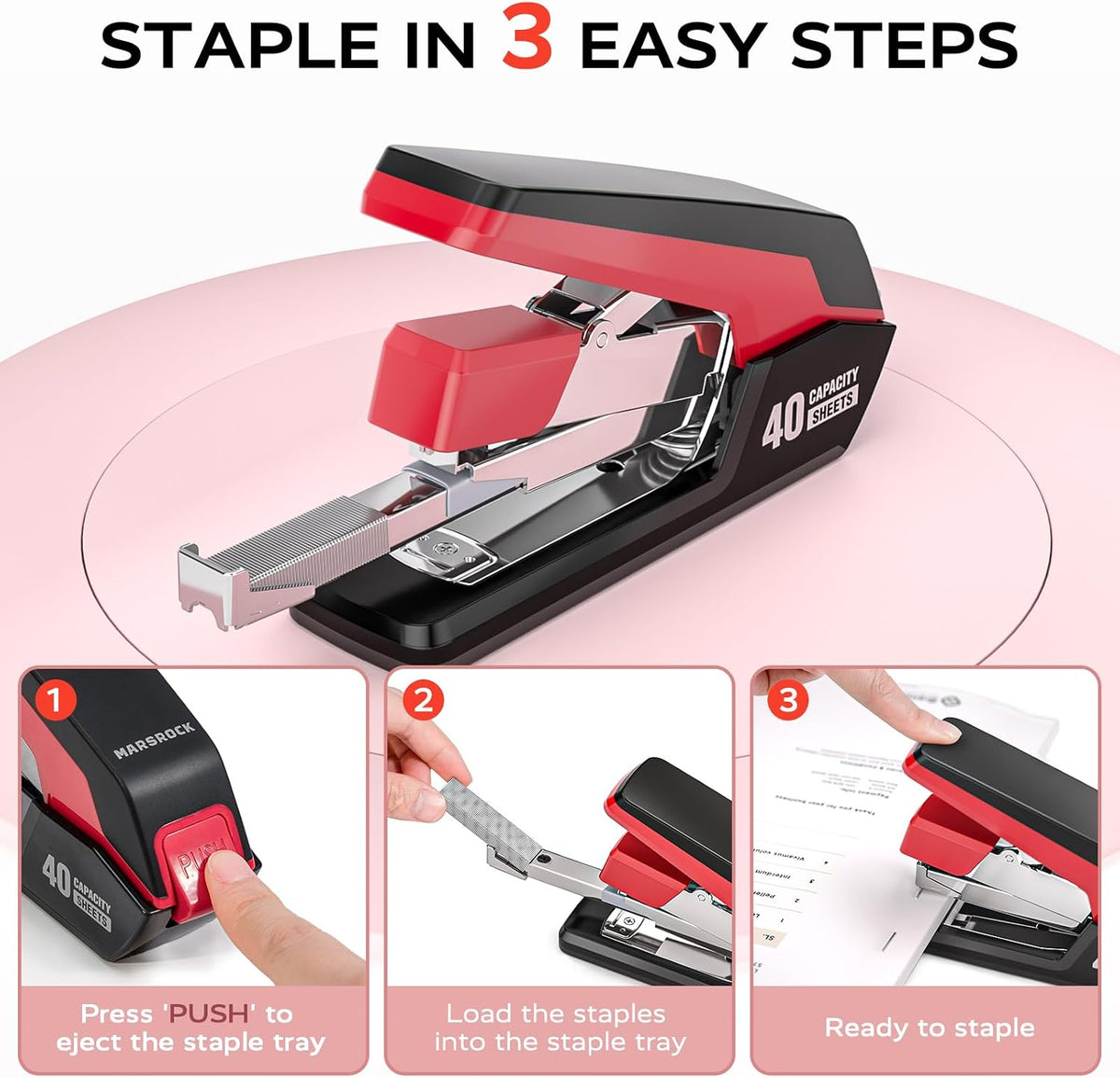 Marsrock Heavy Duty Stapler for Desk with 40-50 Sheet, 2000 Staples, Red