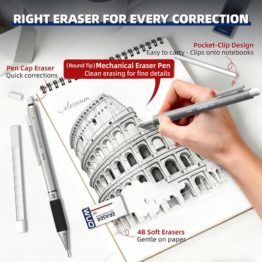 WUO 0.7 mm Mechanical Pencil Set with Eraser Pen Storage Case, 3 PCS