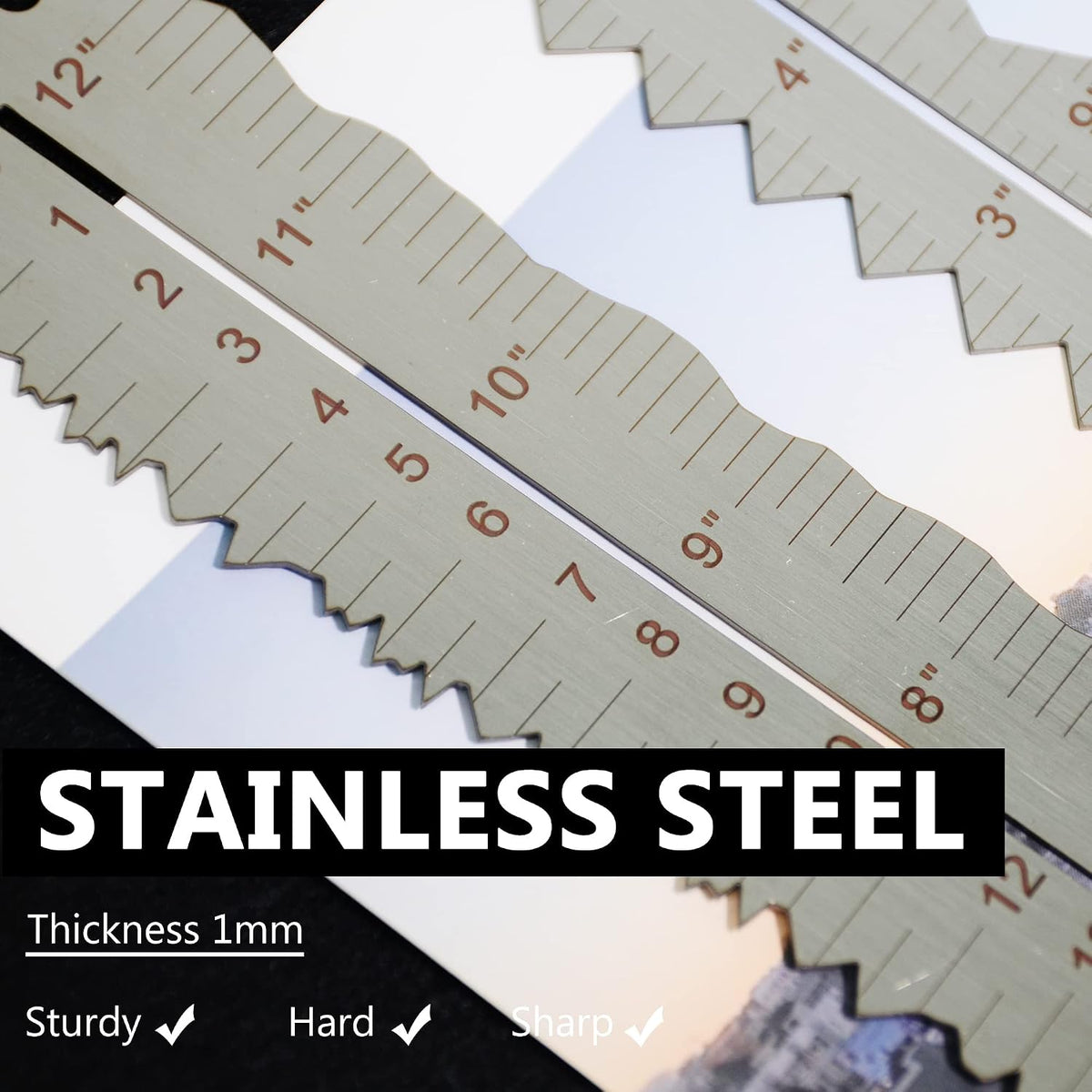 3Pcs Metal Irregular Edges Ruler for Paper Tearing, 12" Measuring Tool