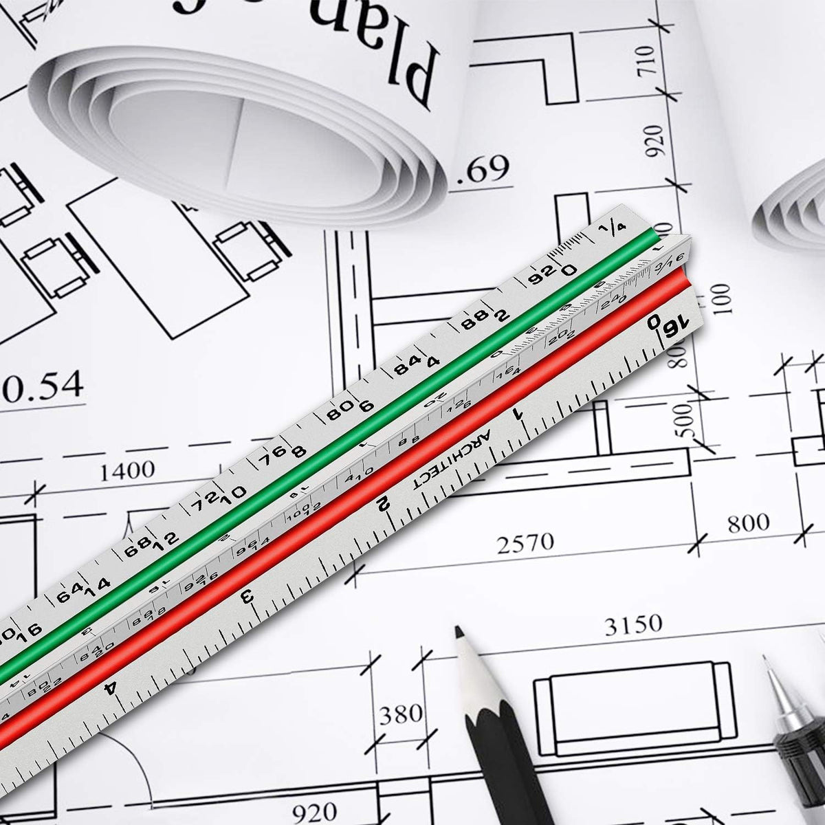 1 Pack 12" Architectural Scale Ruler Triangular Ruler, Color-Coded