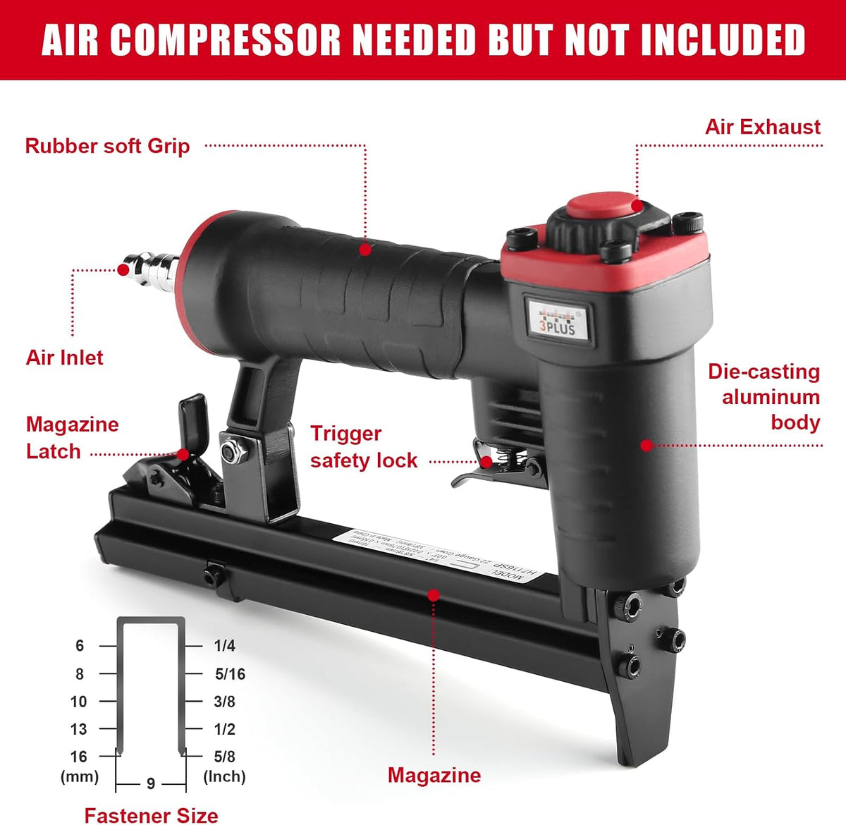 3PLUS H7116SP 22 Gauge 3/8-Inch Crown Pneumatic Upholstery Stapler for 71 Series Staples, 1/4-Inch to 5/8-Inch