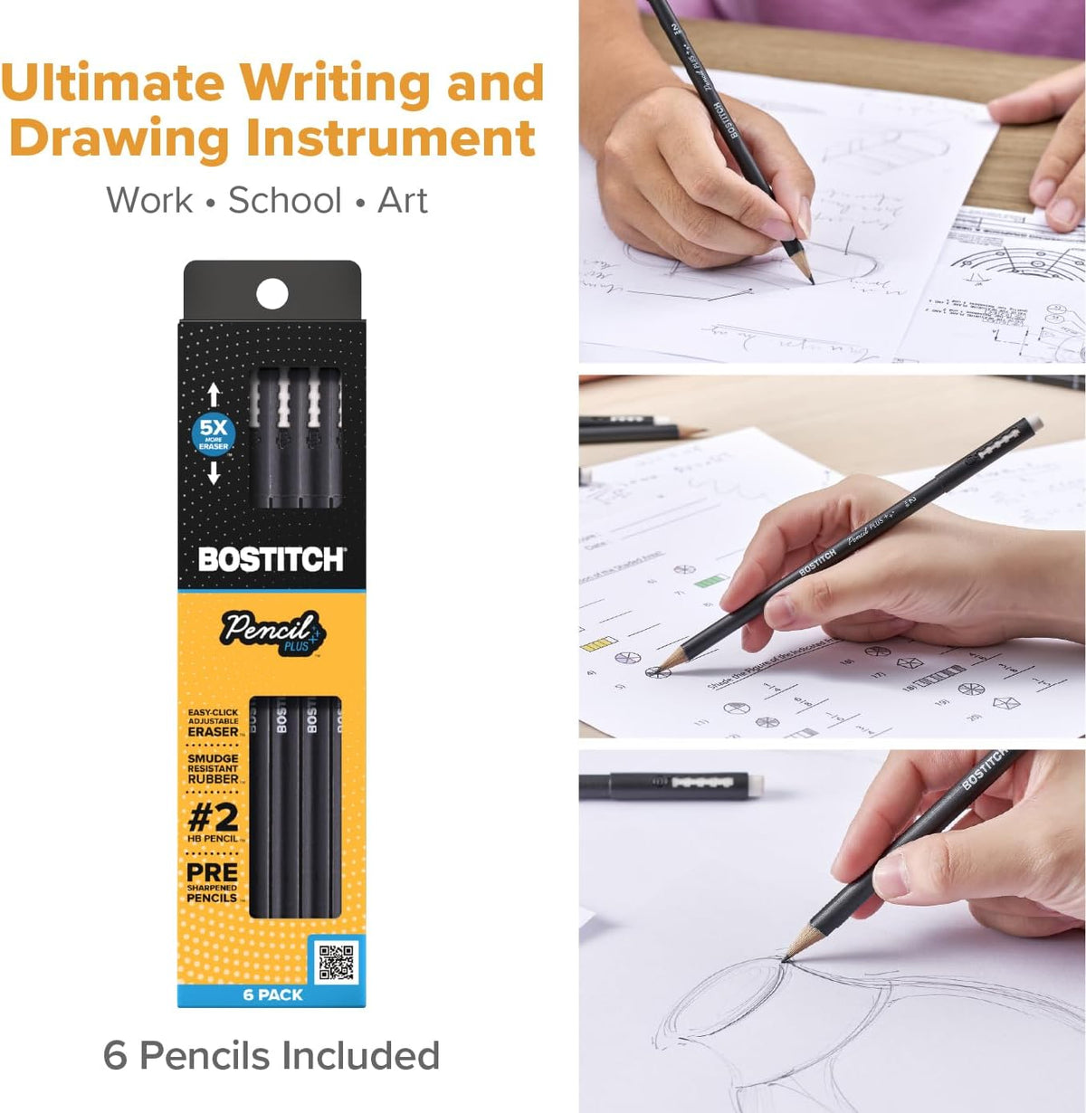 Bostitch, Wood-Cased Pencil Plus, Retractable Eraser, American Cedar Wood, #2 HB, Round, Matte Black, Pre-sharpened, Six Pack