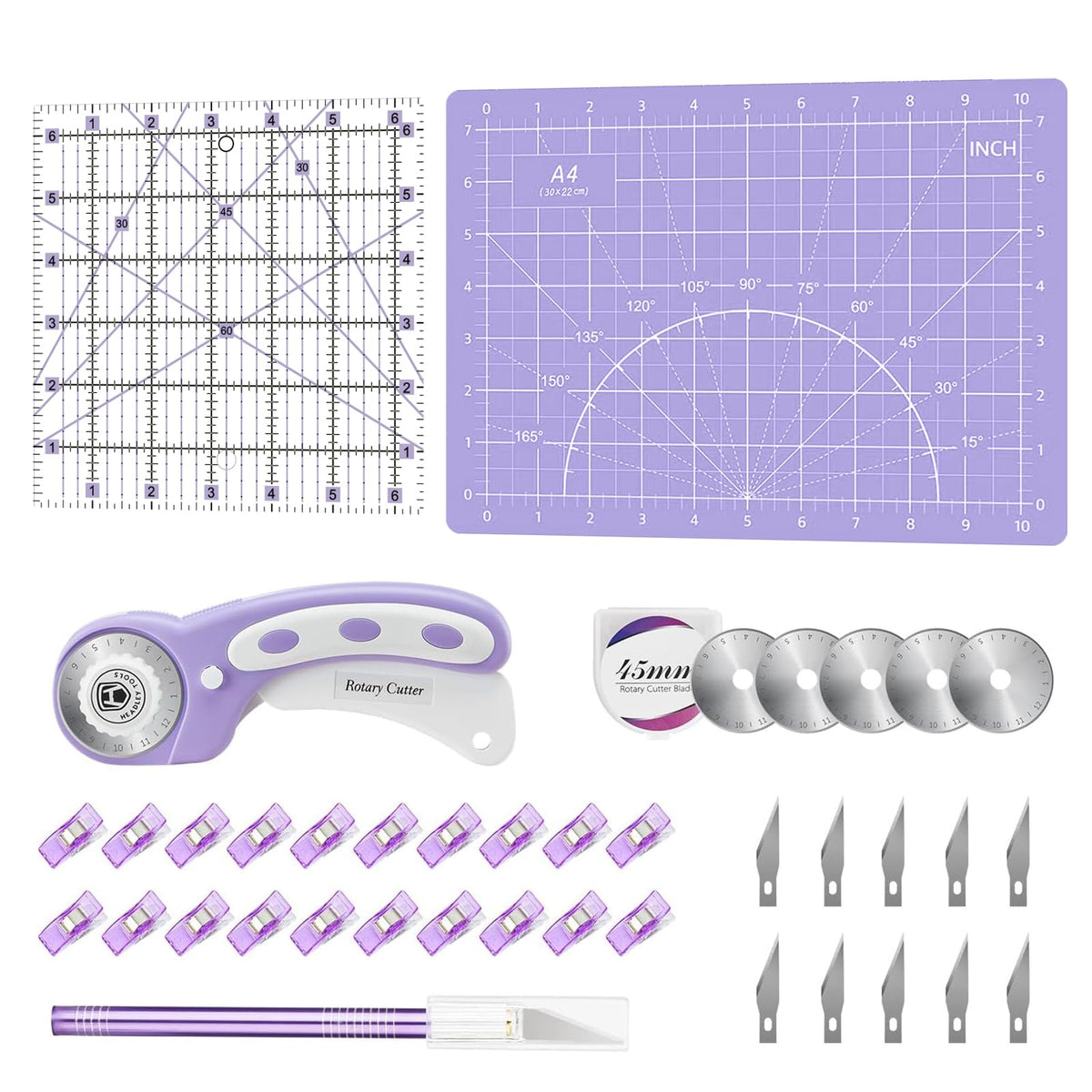 Headley Tools Rotary Cutter Set - 45mm Fabric Cutter, 5 Extra Rotary Blades, A3 Cutting Mat, Quilting Ruler and Sewing Clips, Craft Knife Set, Ideal for Crafting, Sewing, Patchworking, Purple