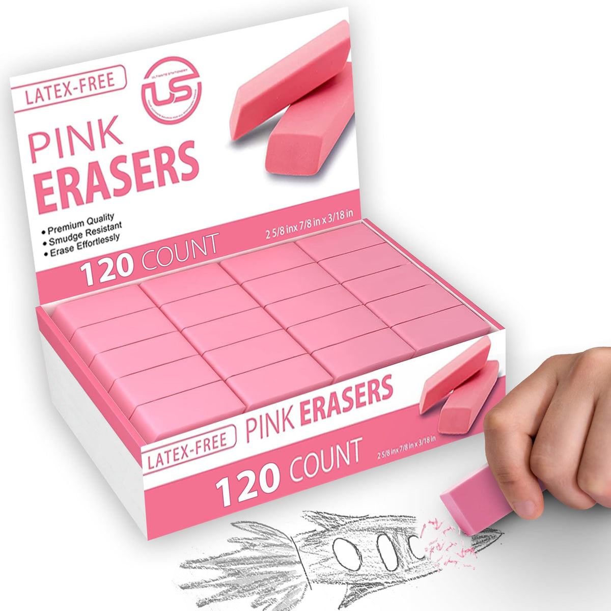 Pink Erasers, 60 Count Rectangular Eraser Bulk Pack, Latex Free Pink Pearl Erasers for School Supplies, Art and Office