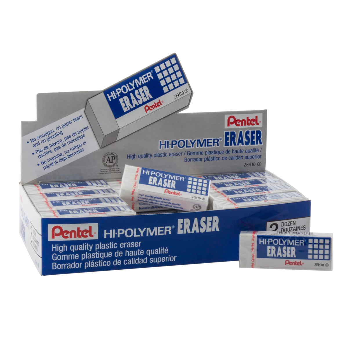Pentel® Hi-Polymer Block Eraser, Large, White 6 pack (ZEH10BP3P2)