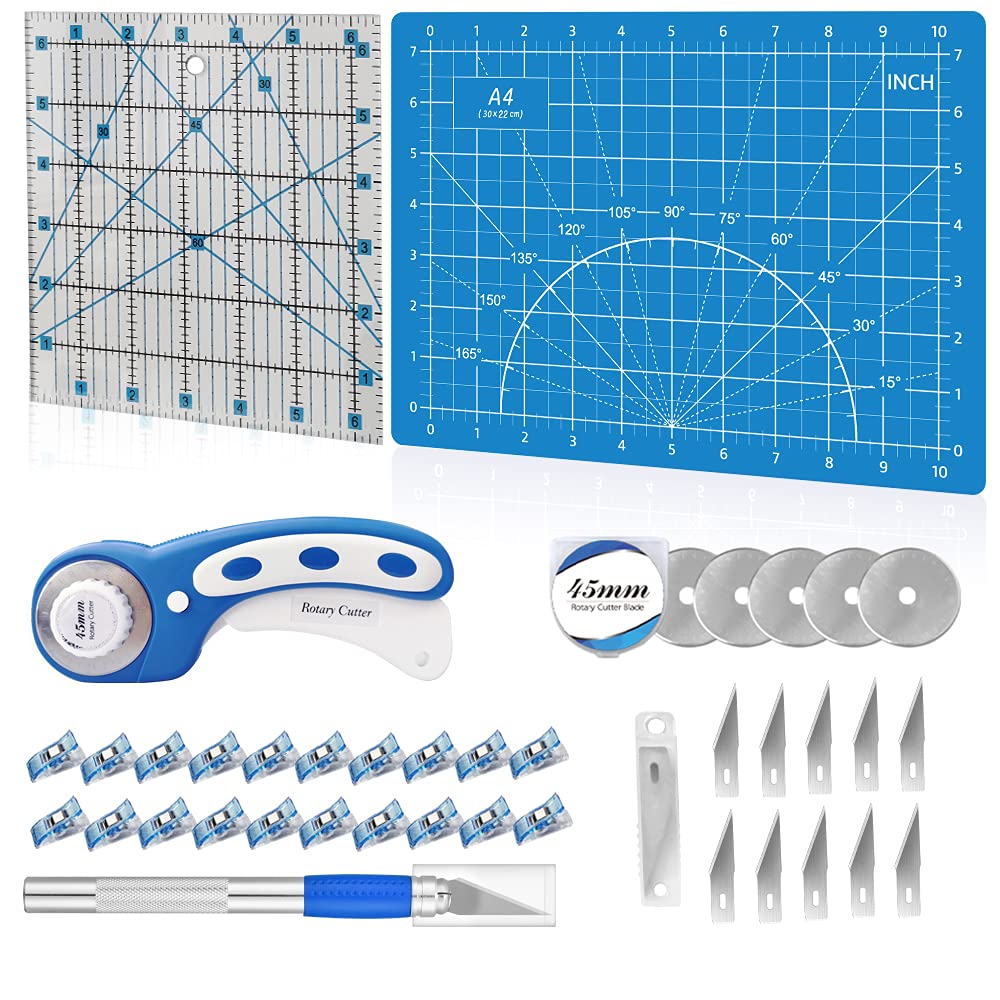 Headley Tools Rotary Cutter Set - 45mm Fabric Cutter, 5 Extra Rotary Blades, A3 Cutting Mat, Quilting Ruler and Sewing Clips, Craft Knife Set, Ideal for Crafting, Sewing, Patchworking, Purple