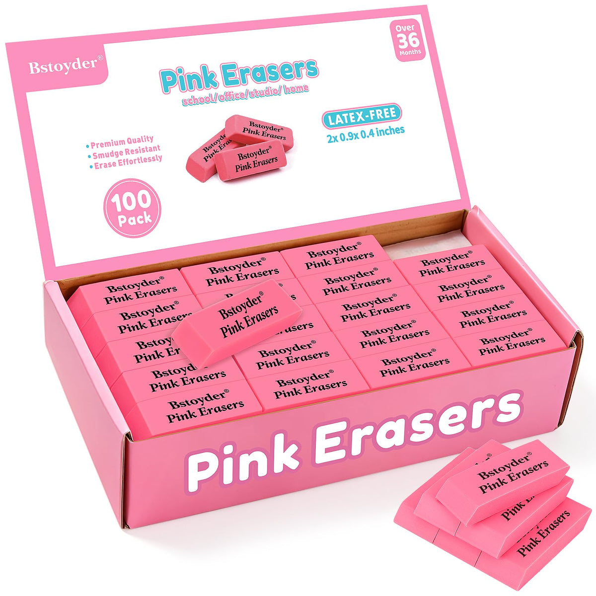 Pink Erasers Bulk, 36 Pack Rubber Pencil Erasers Bulk for School/Office, Latex-Free Smudge-Free Soft Bevel Erasers for Students, Bulk School Supplies for Classrooms, Teachers, Home, Office, Art Class