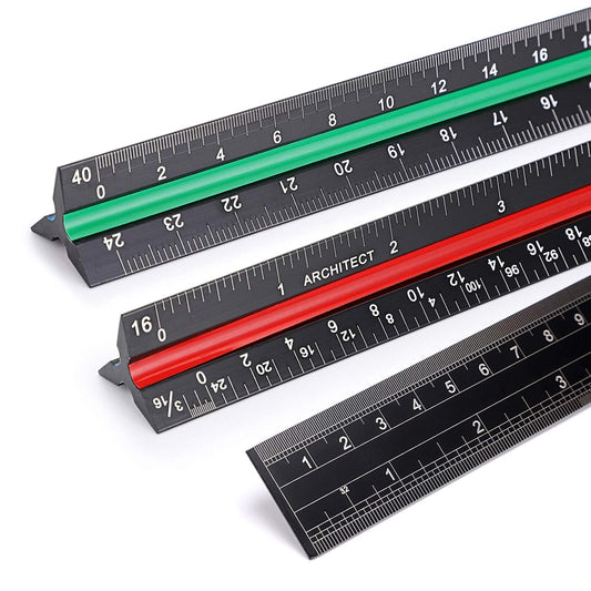 OwnMy 3 Pack 12 Inch Solid Aluminum Triangular Architect Scale Ruler Set