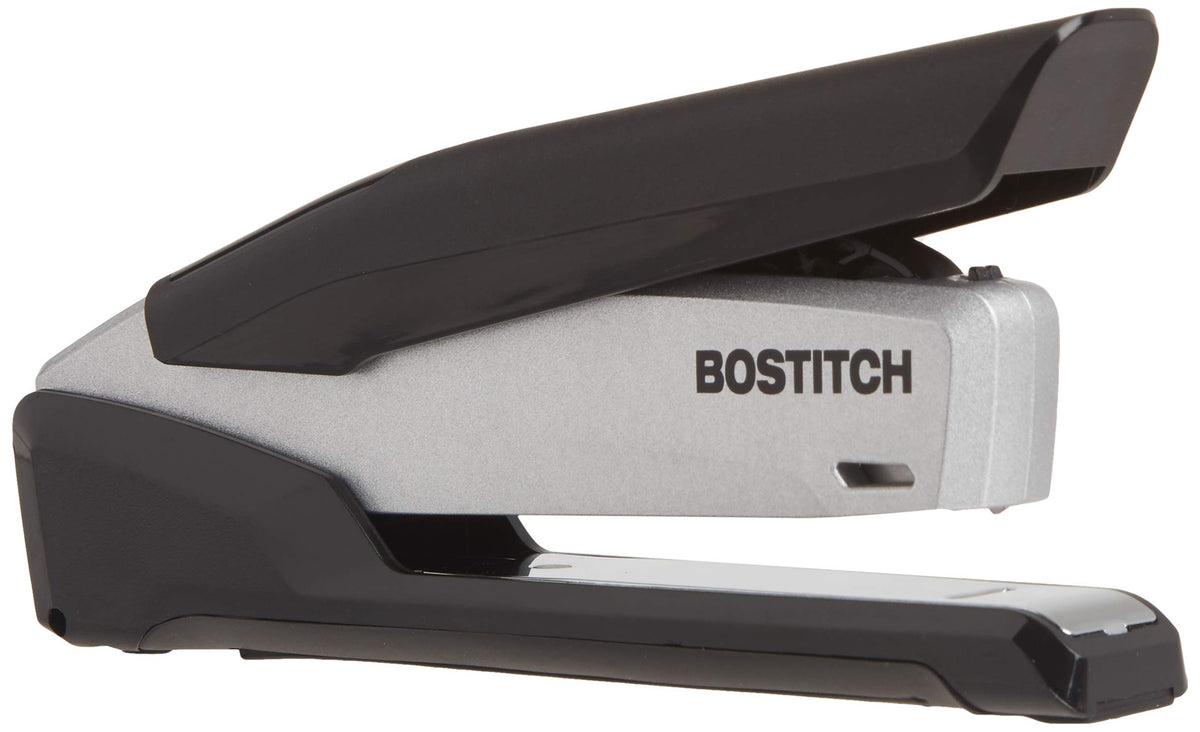 Bostitch Office Executive Metal Desktop Stapler, 3 in 1 Spring Powered Stapler, One Finger, Staple Storage Compartment & Staple Remover, Includes 210 Staples, 28 Sheet Capacity, Black/Gray