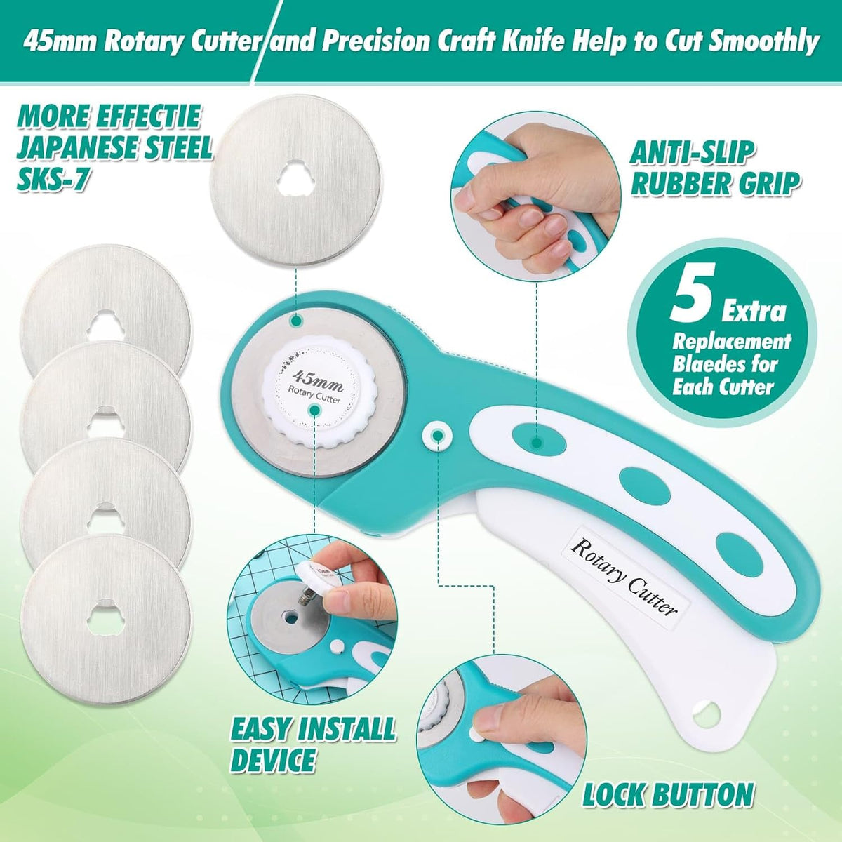 Rotary Cutting Mat and Tools Set, Audab 45mm Fabric Cropping Cutter Wheel with A3 Self Healing Sewing Mat, Blades, Quilting Ruler and Clips, Crafts Knife for Shirt Cloth Patchworking Scrapbooking