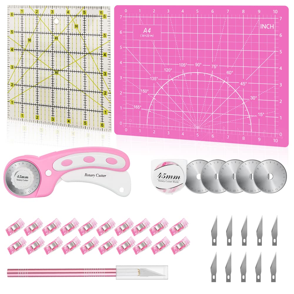 Headley Tools Rotary Cutter Set - 45mm Fabric Cutter, 5 Extra Rotary Blades, A3 Cutting Mat, Quilting Ruler and Sewing Clips, Craft Knife Set, Ideal for Crafting, Sewing, Patchworking, Purple