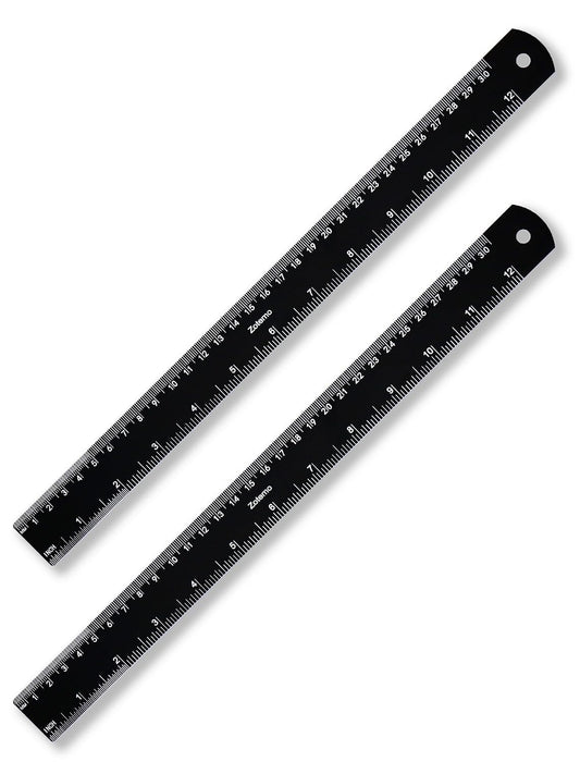 Metal Ruler 12 Inch, Metric Ruler Dual Scale with Laser Etched Measurement, 2 Pack Easy to Read Aluminum Straight Edge with Inch to Millimetre Conversion Table for Office Back to School Student