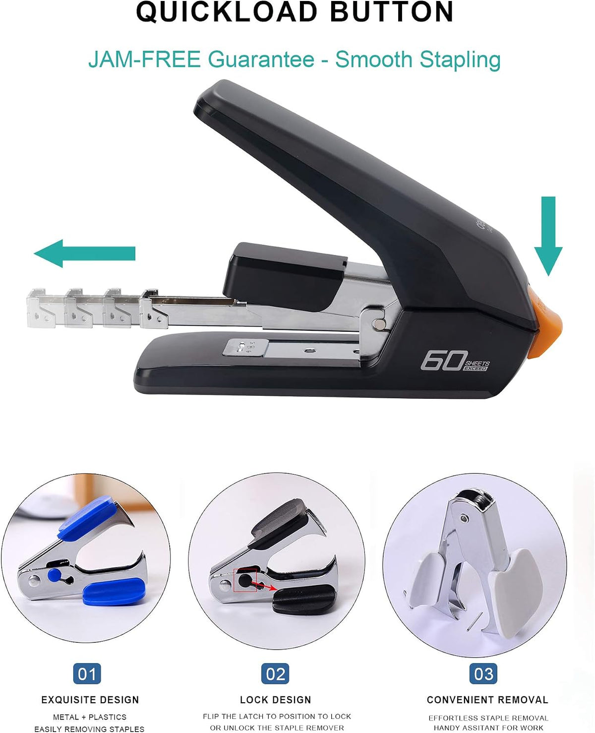 Leven Effortless Heavy Duty Stapler, One Touch Stapling, Easy to Load Ergonomic Stapler, 60 Sheet Capacity, Includes 2000 Staples and Staple Remover for Desktop