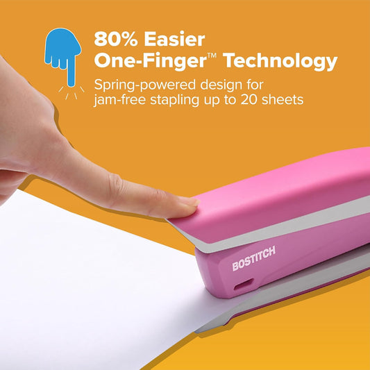 Bostitch Office Executive 3 in 1 Stapler, One Finger, 20 Sheet, Pink