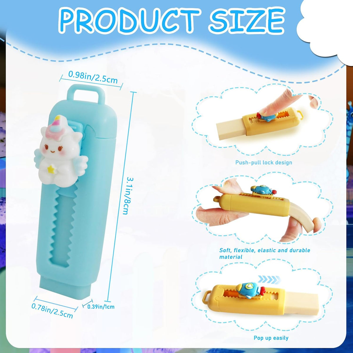 24 Pcs Cute Retractable Eraser for Pencils | Kawaii School Supplies Erasers| Back to Schools Essentials|Cute Erasers Supplies| Perfect Back to School Gifts