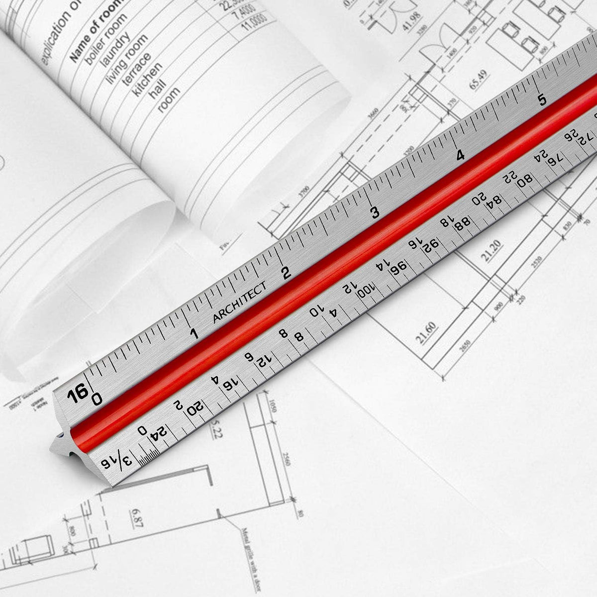 1 Pack 12" Architectural Scale Ruler Triangular Ruler, Color-Coded