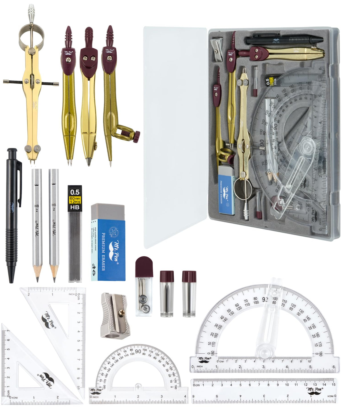 Mr. Pen- Geometry Set, 15 pcs, Navy Blue, 6 Inch Swing Arm Protractor