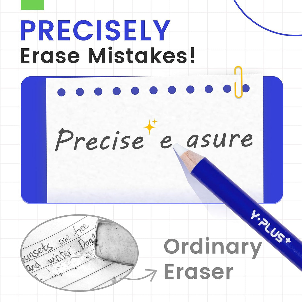 Eraser Pen with Sharpener, Fine Detail Erasing, Blue, 3 Pcs