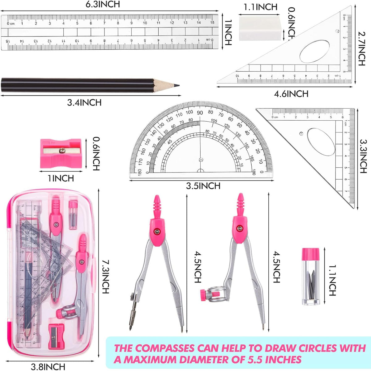 Zonon 36 Sets Math Geometry Kit, 10 Pcs Compass Rulers Protractor School