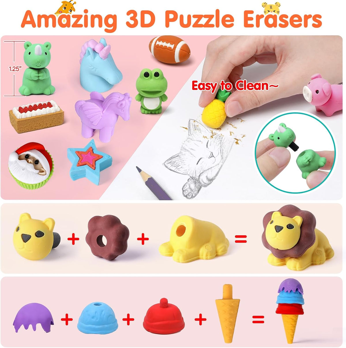 120 Pcs Animal Pencil Erasers, Desk Pets for Treasure Box, Classroom Prizes