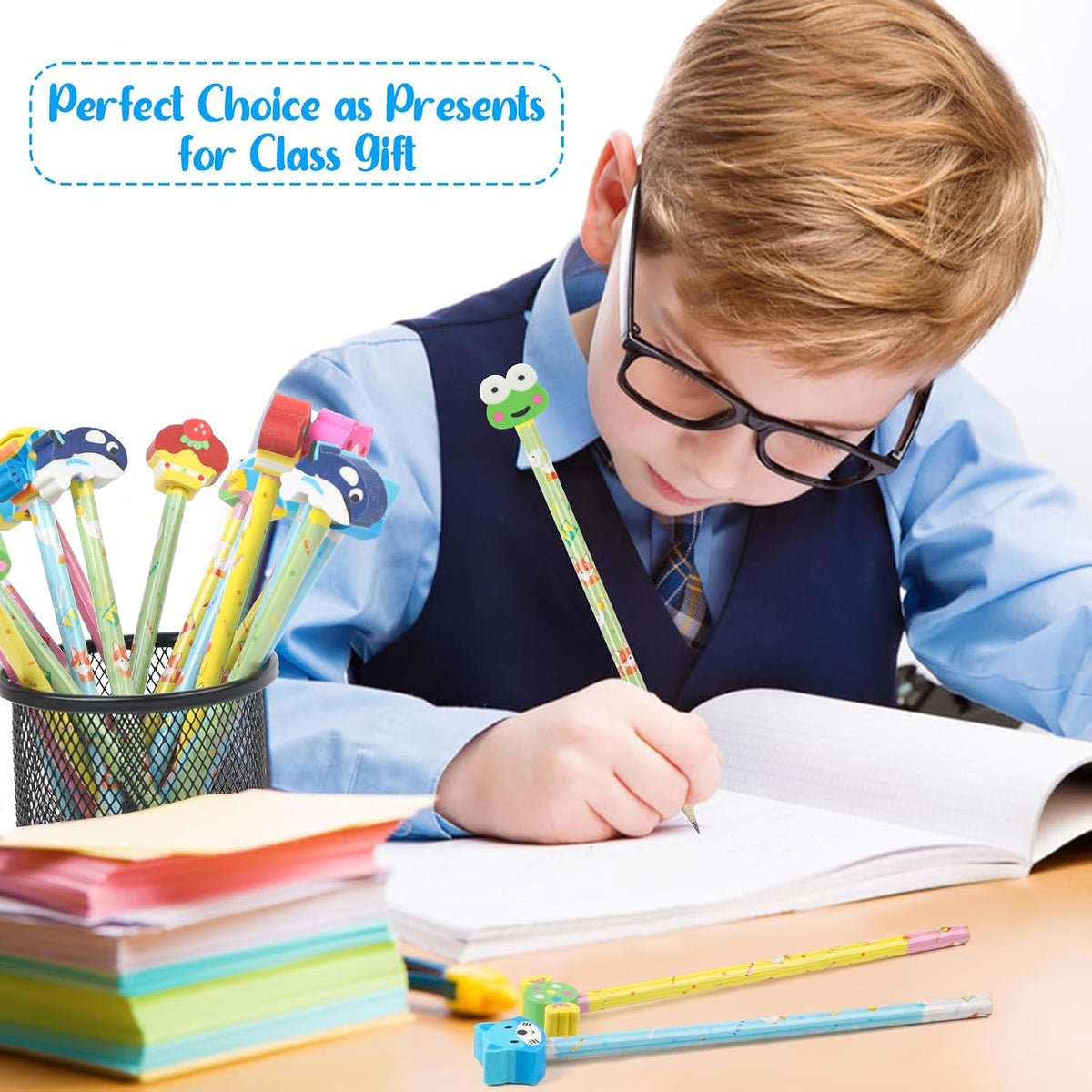 DIYASY 50 Pcs Cute Pencils with Eraser Toppers, Cartoon Animal Wood Pencil Bulk Party Favor Supplies Classroom Rewards Prizes Stationery for Kids