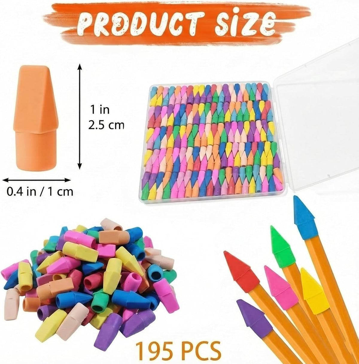 195 Pencil Top Erasers, Latex-Free Chisel Tips, 10 Colors with Storage Box