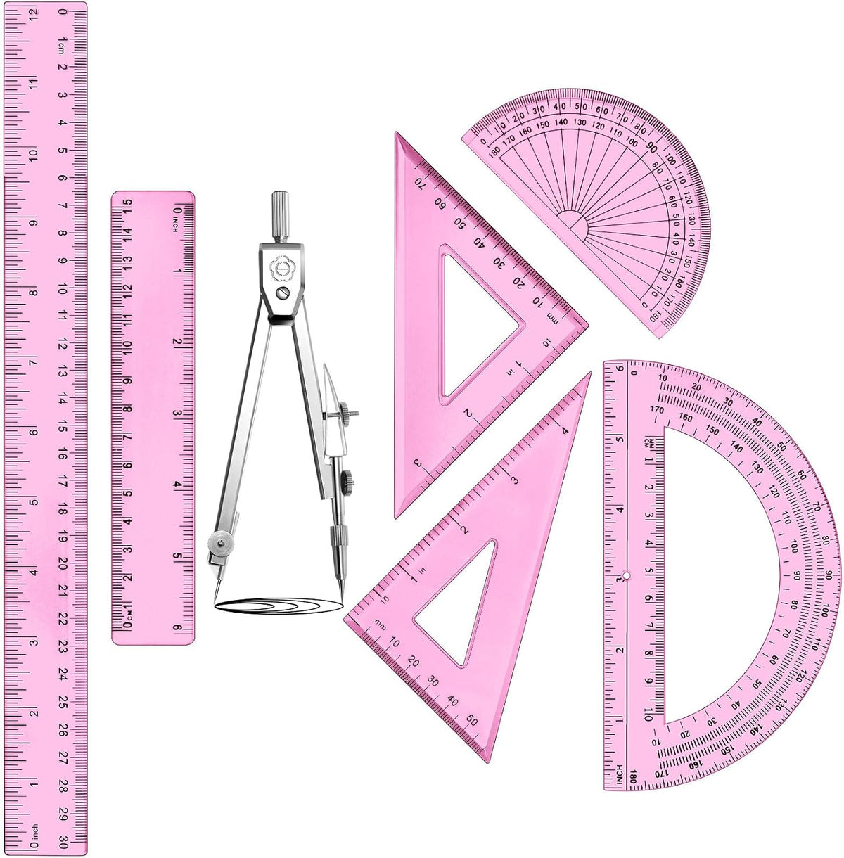 Zonon 7 Pcs Geometry Set with Drawing Compas, 6&4 Inch Protractors, Pink